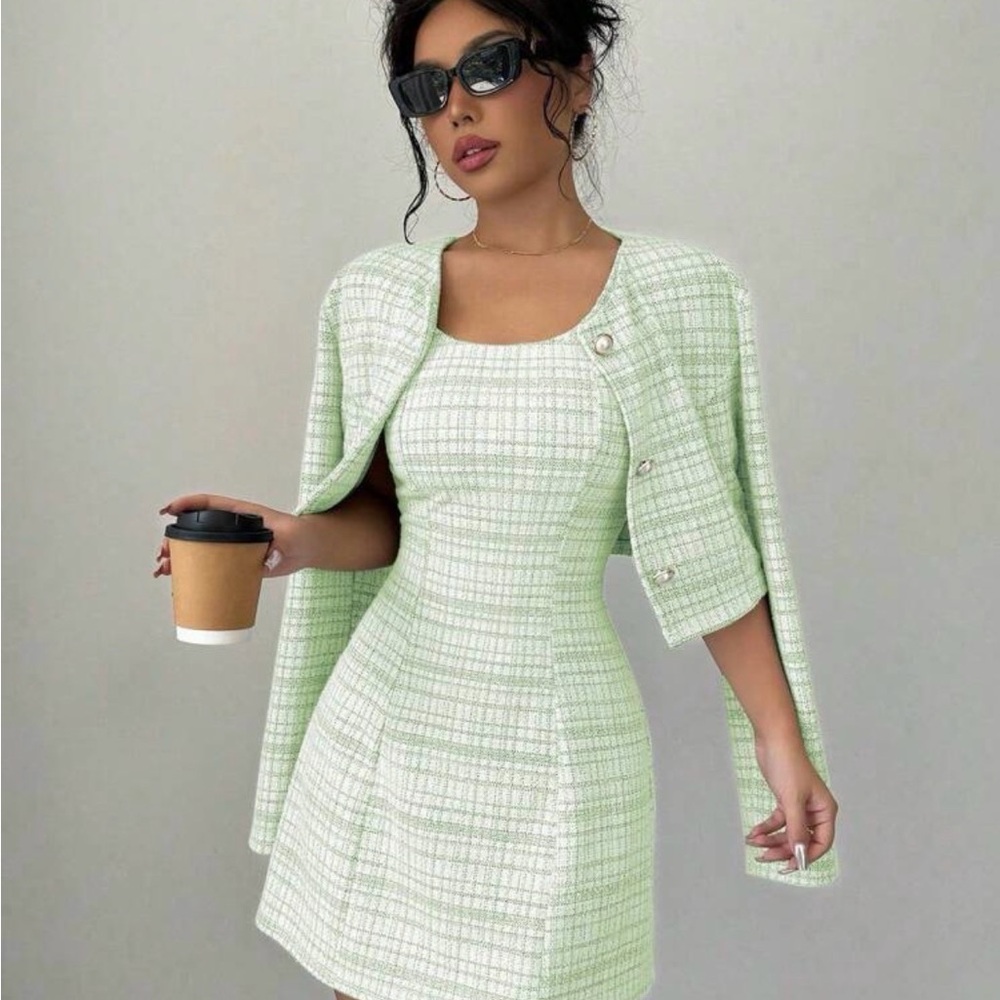Chic Green Tweed Dress and Jacket Set